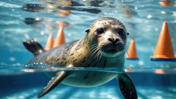 un sello nadando submarino, rodeado por naranja conos en un claro piscina. foto