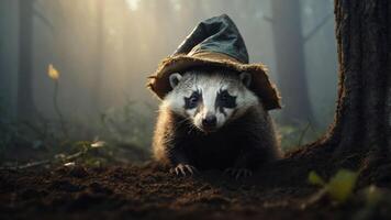 A raccoon wearing a hat in a misty forest setting, evoking a whimsical atmosphere. photo
