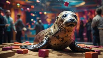 A seal surrounded by colorful blocks in a lively indoor setting. photo