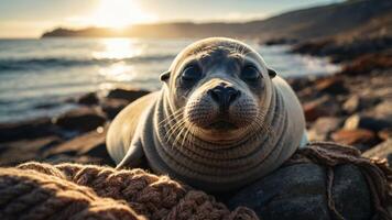 A close-up of a seal resting on rocks by the shore during sunset. photo