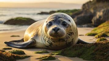 A seal resting on a sandy beach surrounded by seaweed and ocean waves at sunset. photo
