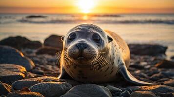 A seal resting on a rocky beach during a vibrant sunset by the ocean. photo