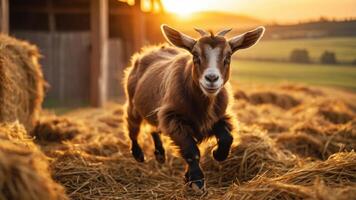 A playful goat runs through hay at sunset, capturing a serene farm moment. photo