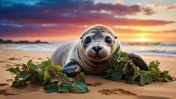 A seal resting on the beach at sunset, surrounded by greenery and ocean waves. photo