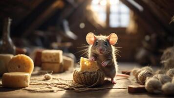 A cute mouse enjoying a piece of cheese in a cozy attic setting. photo