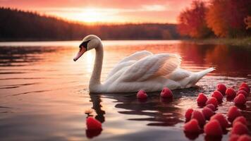 A serene swan glides through a lake at sunset, surrounded by floating red objects. photo