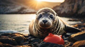 A seal resting on rocks by the water, with a red object nearby, illuminated by sunset. photo