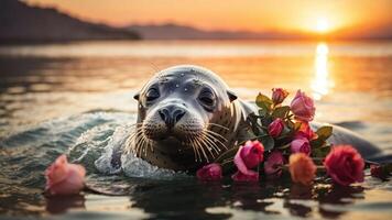 A seal swimming with roses at sunset, creating a serene and whimsical scene. photo