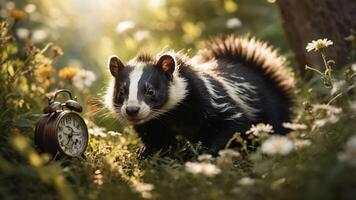 A playful animal in a sunlit meadow beside an antique clock. photo