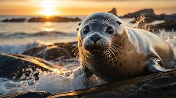 A seal rests on rocks by the ocean during sunset, with waves splashing around it. photo
