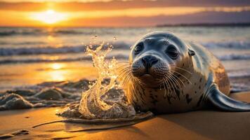 A seal rests on the beach at sunset, with waves splashing around it. photo