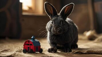 A black rabbit sits beside a small red toy barn on a textured surface. photo
