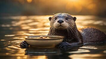 An otter happily holds a bowl of food in a serene water setting during sunset. photo