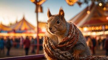 A squirrel wrapped in a scarf at a festive fair, with colorful lights and tents in the background. photo
