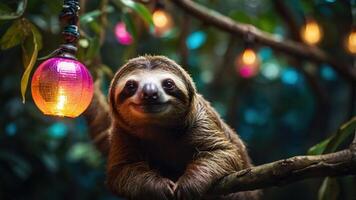A sloth resting on a branch adorned with colorful lights in a lush, vibrant setting. photo