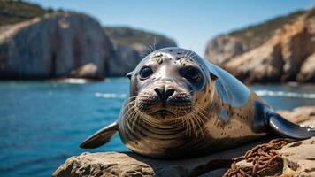 A close-up of a seal resting on a rock by the sea, surrounded by cliffs and clear water. photo