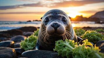 A seal resting on rocks with lettuce, set against a vibrant sunset by the ocean. photo