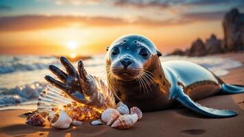 A playful seal on a sandy beach with seashells, illuminated by a sunset. photo