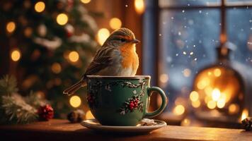 A cozy winter scene featuring a bird perched in a festive cup by a window with lights. photo