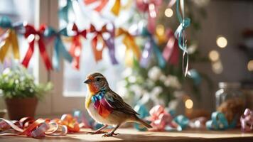 A colorful bird adorned with ribbons amidst a festive, decorated setting. photo