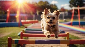 A dog joyfully jumps over colorful hurdles in an agility course under a bright sun. photo