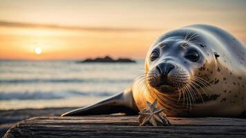 A seal resting on a log at sunset, with a starfish beside it, by the ocean. photo