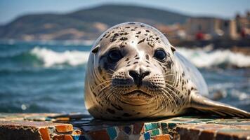 un de cerca de un sello descansando por el océano, exhibiendo sus expresivo cara y natural hábitat. foto