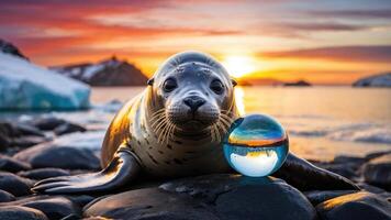 A seal resting on stones with a crystal ball at sunset, showcasing nature's beauty. photo