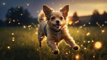 A joyful dog leaps through a field, surrounded by sparkling lights at sunset. photo