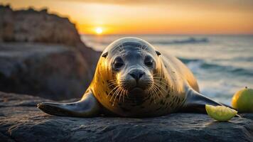 A serene seal rests on a rock by the ocean during sunset, surrounded by fruit. photo