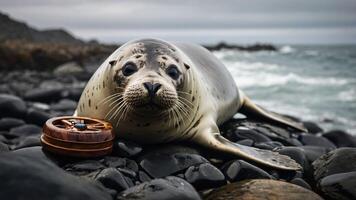 A seal lounging on rocky shore near the ocean, with a wooden object beside it. photo