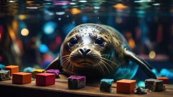 un curioso sello nada en un acuario, rodeado por vistoso bloques y vibrante Encendiendo. foto