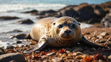 un sello descansando en un rocoso playa con el Oceano en el antecedentes. foto