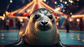 A playful seal in a circus setting, with festive lights and atmosphere. photo