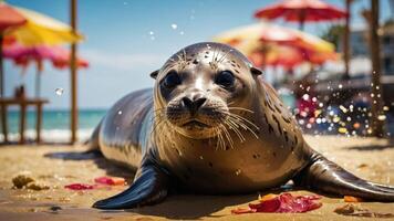 A seal resting on a sandy beach with colorful umbrellas in the background. photo