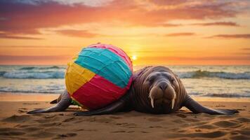 A walrus lounging on the beach with a colorful beach ball at sunset. photo
