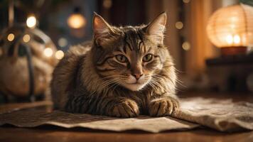 A serene cat resting on a textured surface, illuminated by warm ambient light. photo