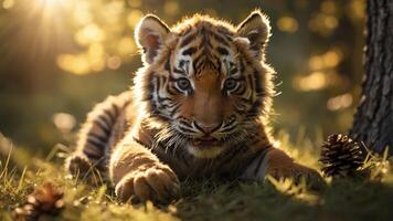 A young tiger resting on grass with sunlight filtering through trees. photo