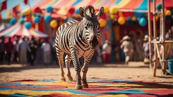 A zebra walks on a colorful mat in a lively circus setting with tents and spectators. photo