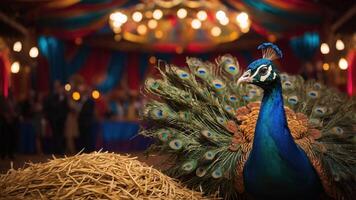 A peacock displays its vibrant plumage in a festive setting with straw bales in the foreground. photo