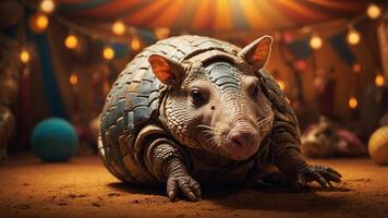A whimsical armadillo in a colorful circus setting, surrounded by soft lighting and props. photo
