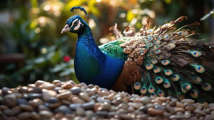 A vibrant peacock displaying its colorful feathers amidst smooth pebbles.