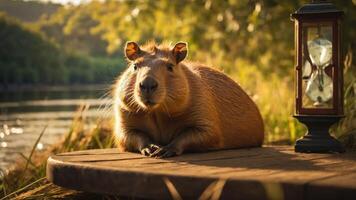 A capybara resting by a river with a lantern nearby, capturing a serene moment in nature. photo