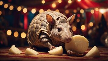 An armadillo enjoys pieces of fruit in a festive setting with colorful lights. photo