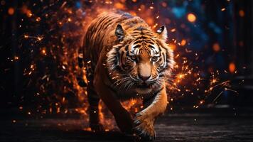 A fierce tiger charging through a burst of sparks, showcasing strength and power. photo