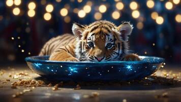 A playful tiger cub resting in a blue bowl, surrounded by sparkling lights and golden particles. photo