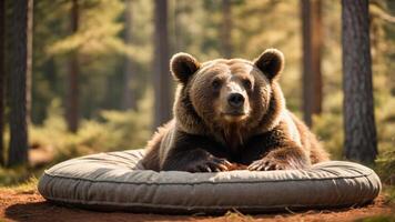 A bear lounging on a large cushion in a serene forest setting. photo