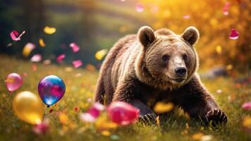 A playful bear amidst colorful balloons and flower petals in a vibrant outdoor setting. photo