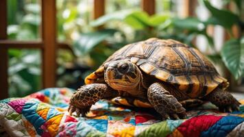 A tortoise on a colorful quilt surrounded by greenery, showcasing a serene indoor setting. photo