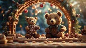 Two teddy bears sit on a gingerbread scene decorated with festive elements. photo